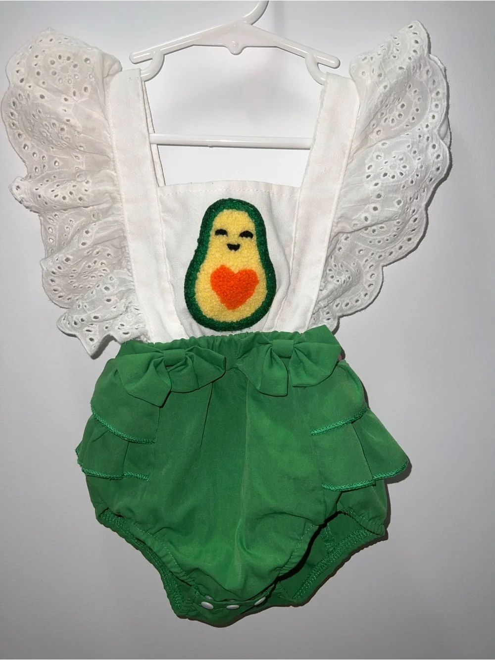 White Eyelet Romper with Green Avocado Appliqué